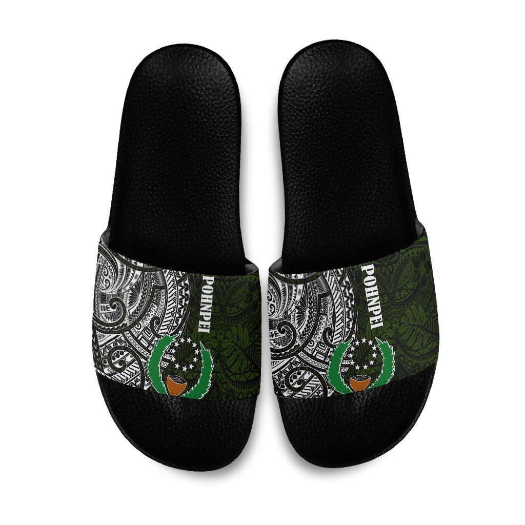 Pohnpei Federated States Of Micronesia Slide Sandals Polynesian Tribal Heritage Art With Kaselehlie State Seal TS04 Green White - Polynesian Pride