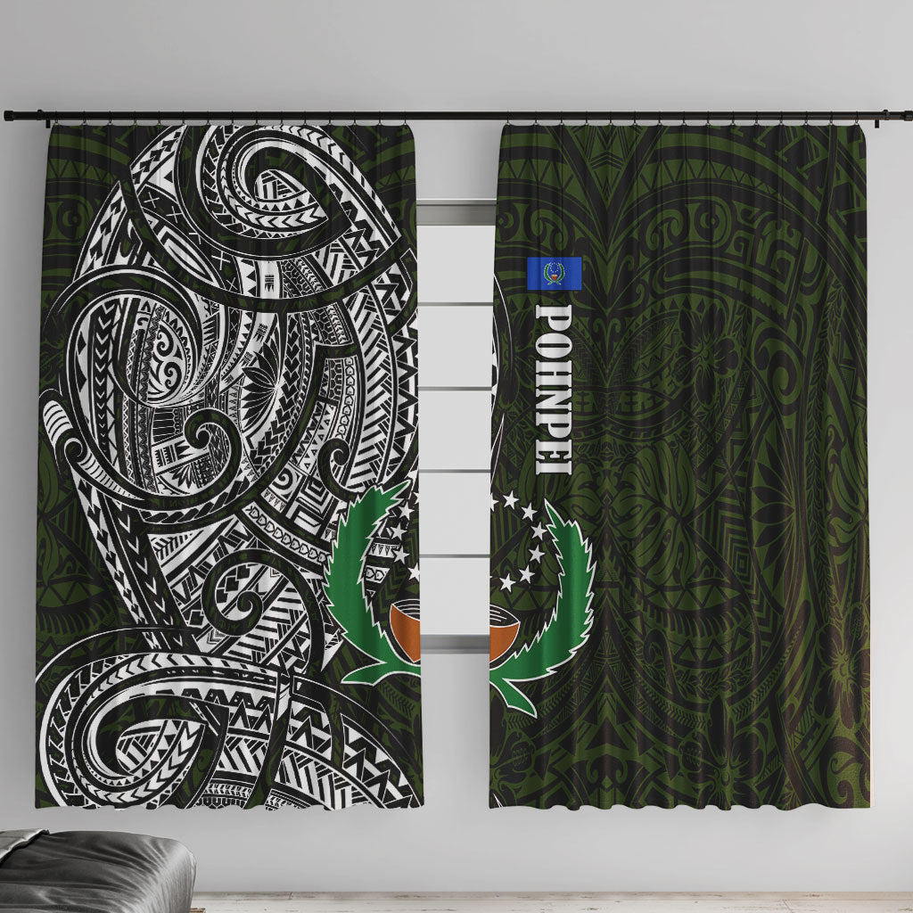 Pohnpei Federated States Of Micronesia Window Curtain Polynesian Tribal Heritage Art With Kaselehlie State Seal TS04 With Hooks Green White - Polynesian Pride