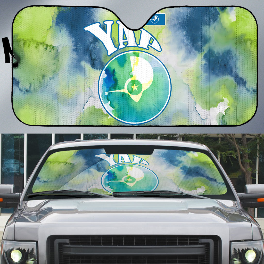 Yap Island Heritage Cultural Symbol Auto Sun Shade Micronesian Flag Stone Money Watercolor Abstract Art Design TS04 Green Blue - Polynesian Pride