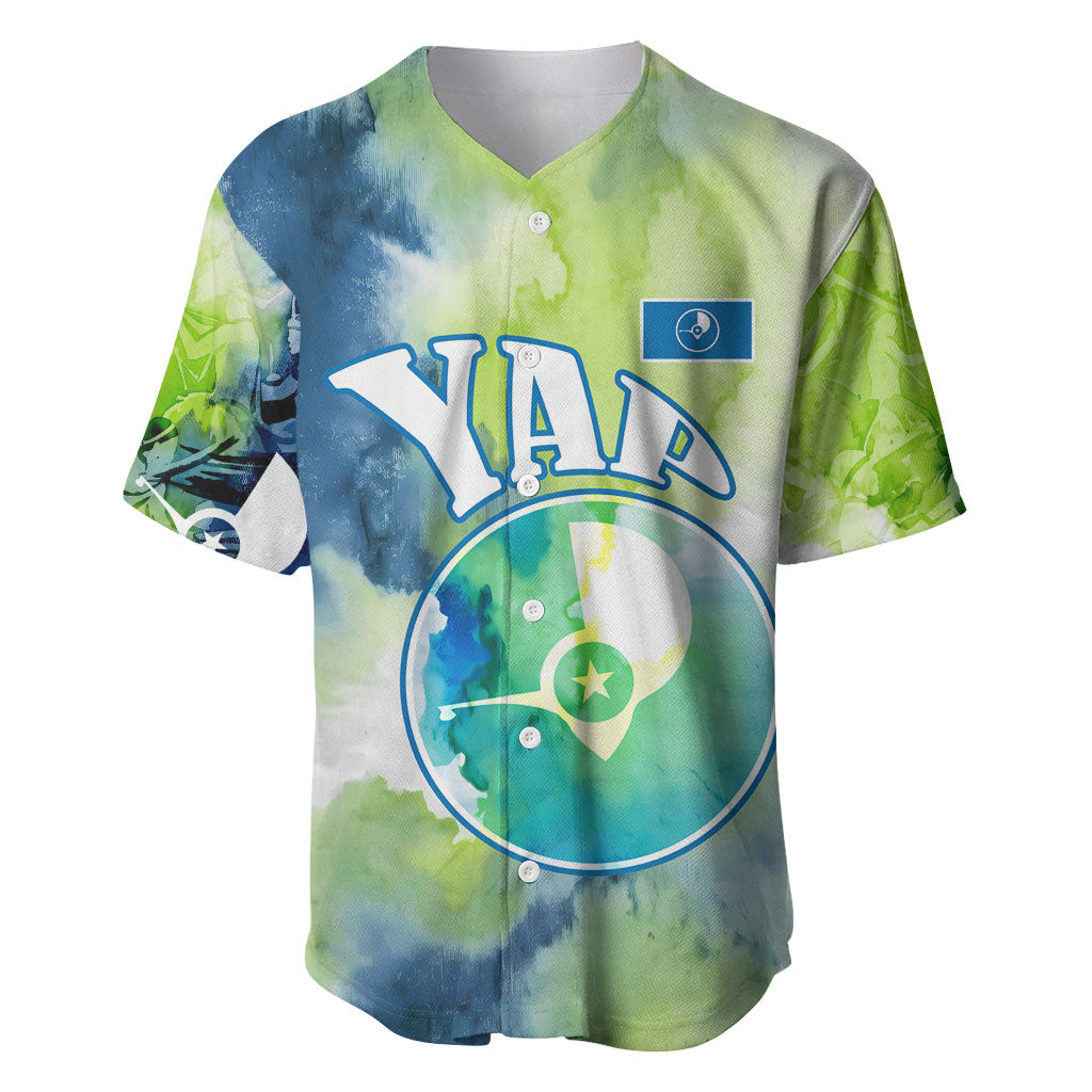 Yap Island Heritage Cultural Symbol Baseball Jersey Micronesian Flag Stone Money Watercolor Abstract Art Design TS04 Green Blue - Polynesian Pride