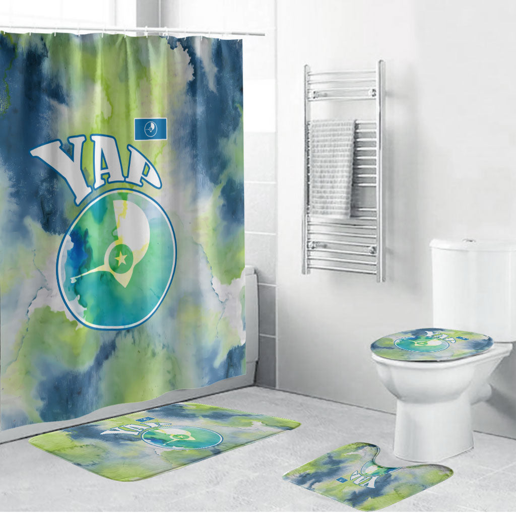 Yap Island Heritage Cultural Symbol Bathroom Set Micronesian Flag Stone Money Watercolor Abstract Art Design TS04 Bathroom Set (4 pcs) Green Blue - Polynesian Pride