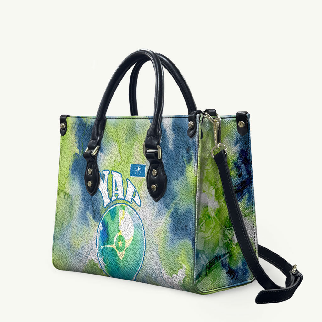 Yap Island Heritage Cultural Symbol Leather Bag Micronesian Flag Stone Money Watercolor Abstract Art Design TS04 Green Blue - Polynesian Pride
