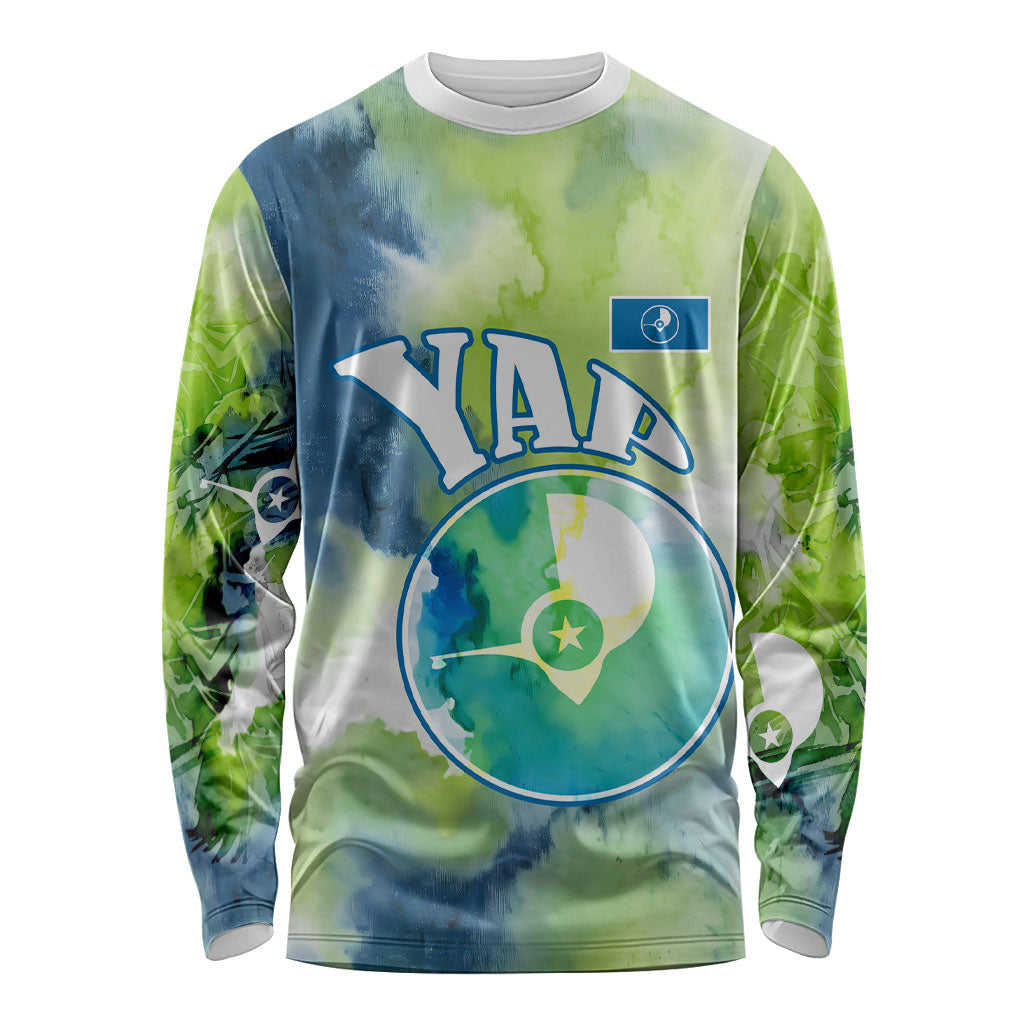 Yap Island Heritage Cultural Symbol Long Sleeve Shirt Micronesian Flag Stone Money Watercolor Abstract Art Design TS04 Unisex Green Blue - Polynesian Pride