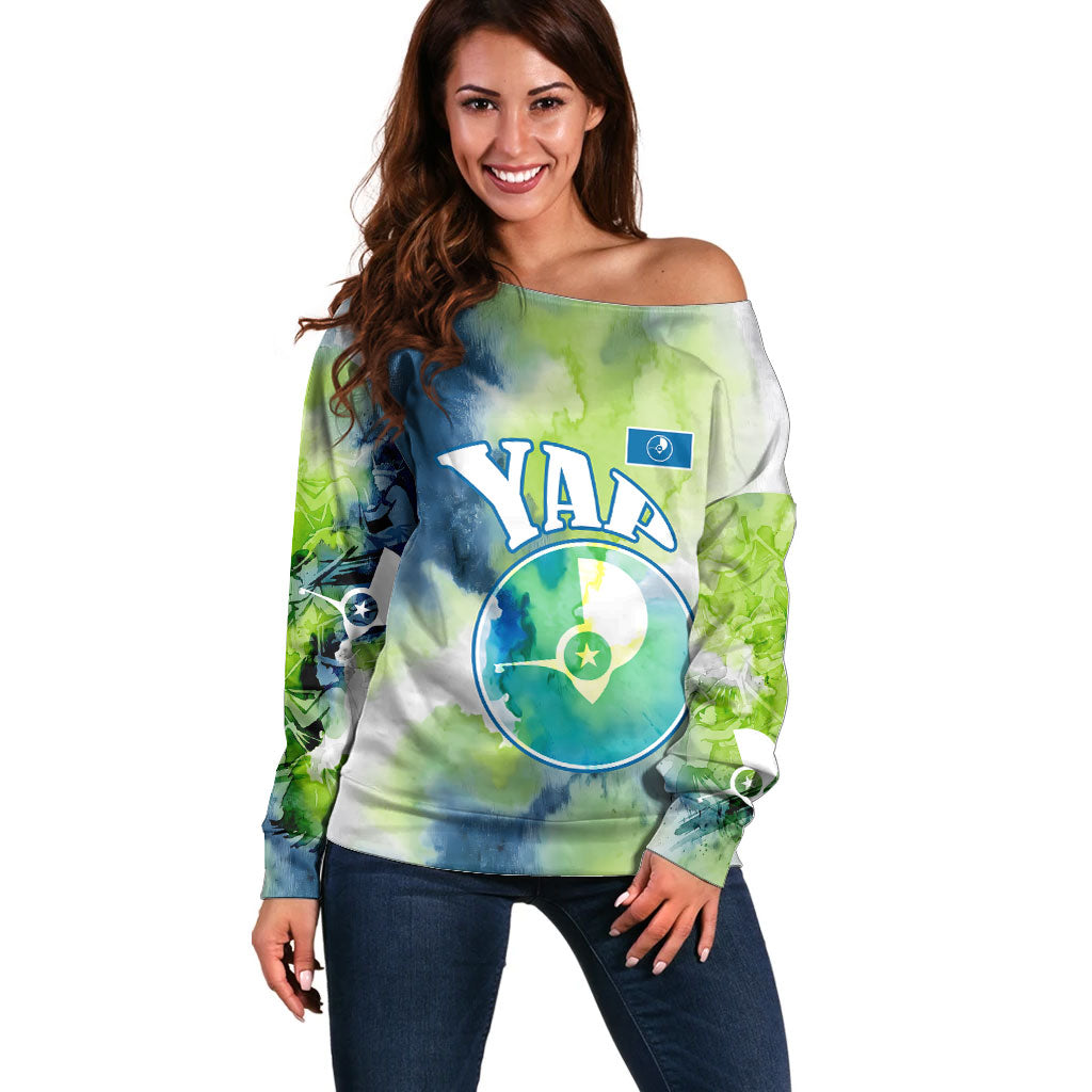 Yap Island Heritage Cultural Symbol Off Shoulder Sweater Micronesian Flag Stone Money Watercolor Abstract Art Design TS04 Women Green Blue - Polynesian Pride