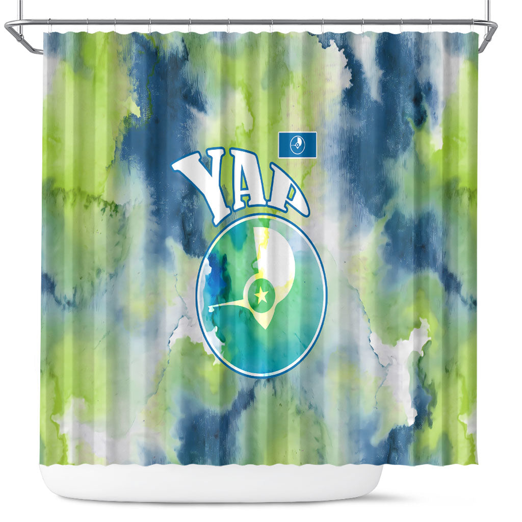 Yap Island Heritage Cultural Symbol Shower Curtain Micronesian Flag Stone Money Watercolor Abstract Art Design TS04 Green Blue - Polynesian Pride