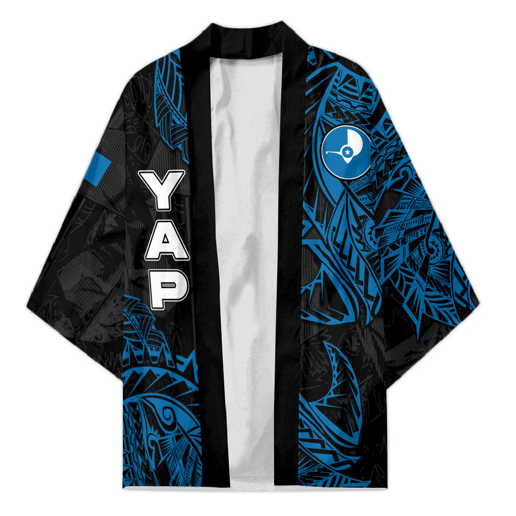 Yap Island Tribal Heritage Kimono Micronesian Polynesian Tattoo Pattern Blue Black Cultural Art TS04 Unisex Black Blue - Polynesian Pride