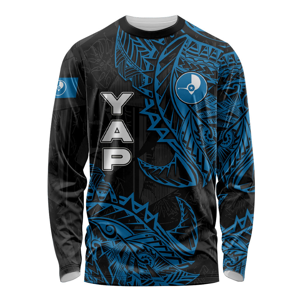 Yap Island Tribal Heritage Long Sleeve Shirt Micronesian Polynesian Tattoo Pattern Blue Black Cultural Art TS04 Unisex Black Blue - Polynesian Pride