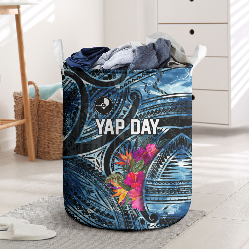 Yap Day Island Floral Tribal Heritage Laundry Basket Micronesian Hibiscus Pattern Polynesian Tattoo Blue Art TS04 Black Blue - Polynesian Pride