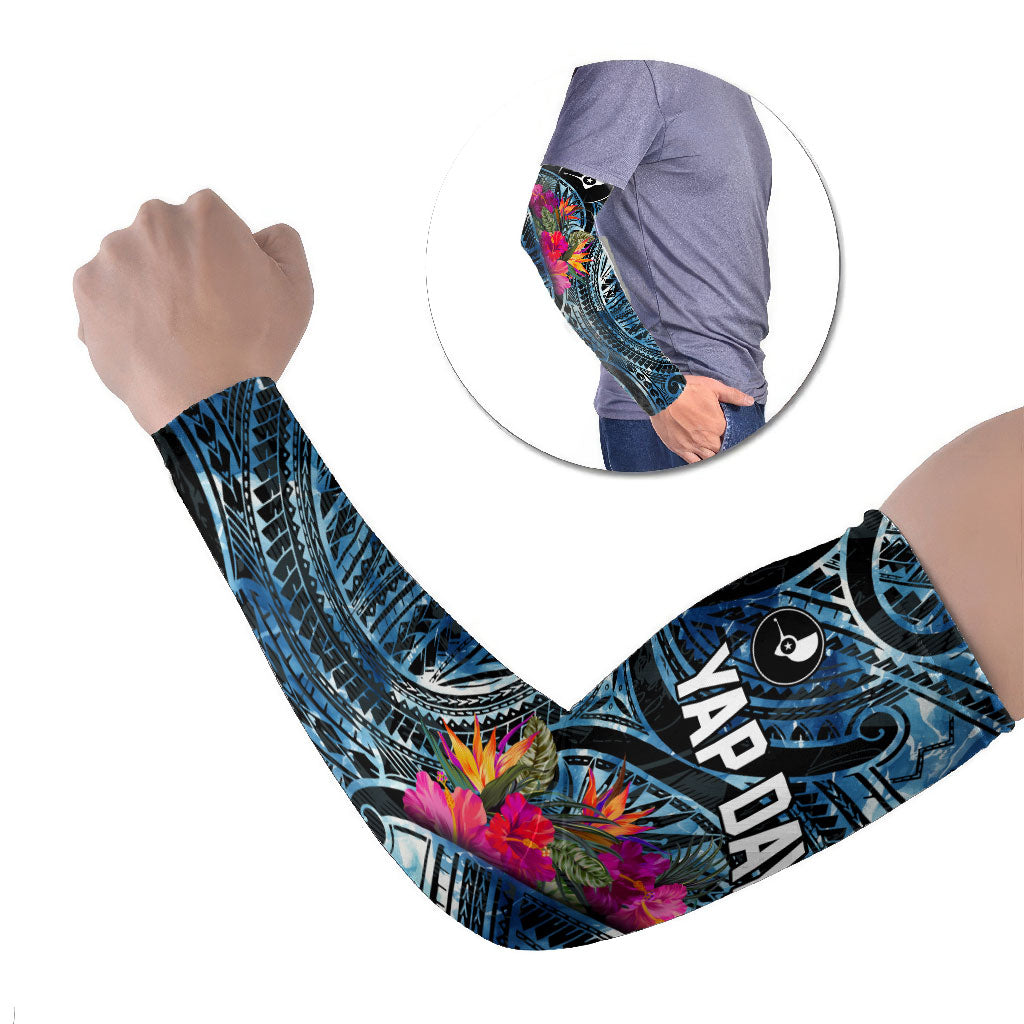 Yap Day Island Floral Tribal Heritage Arm Sleeves Micronesian Hibiscus Pattern Polynesian Tattoo Blue Art TS04 Set of 2 Black Blue - Polynesian Pride