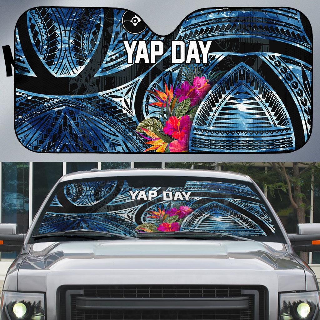 Yap Day Island Floral Tribal Heritage Auto Sun Shade Micronesian Hibiscus Pattern Polynesian Tattoo Blue Art TS04 Black Blue - Polynesian Pride