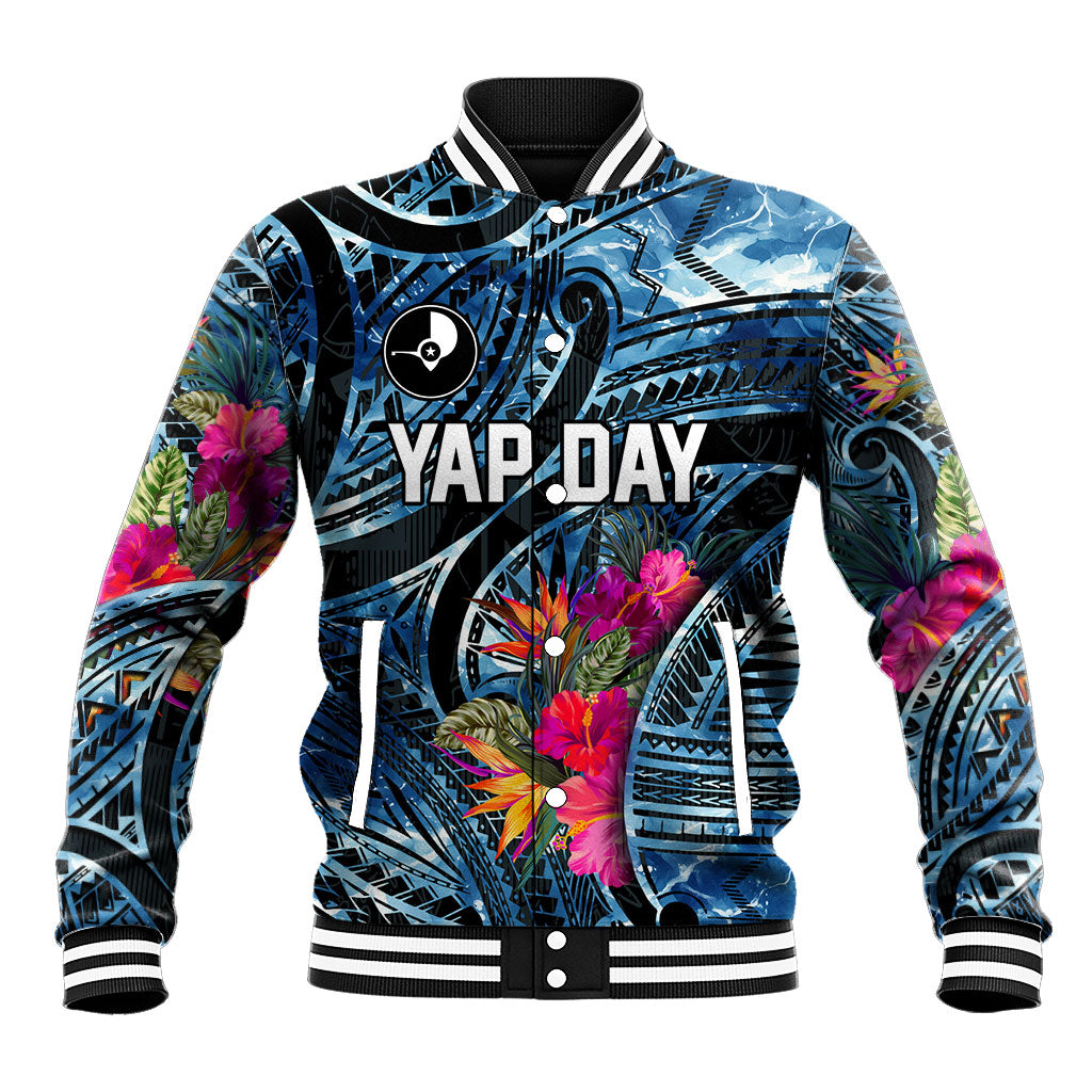 Yap Day Island Floral Tribal Heritage Baseball Jacket Micronesian Hibiscus Pattern Polynesian Tattoo Blue Art TS04 Unisex Black Blue - Polynesian Pride