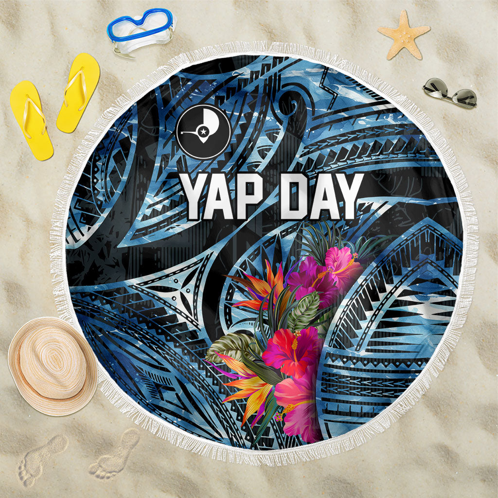 Yap Day Island Floral Tribal Heritage Beach Blanket Micronesian Hibiscus Pattern Polynesian Tattoo Blue Art TS04 One Size 150cm Black Blue - Polynesian Pride