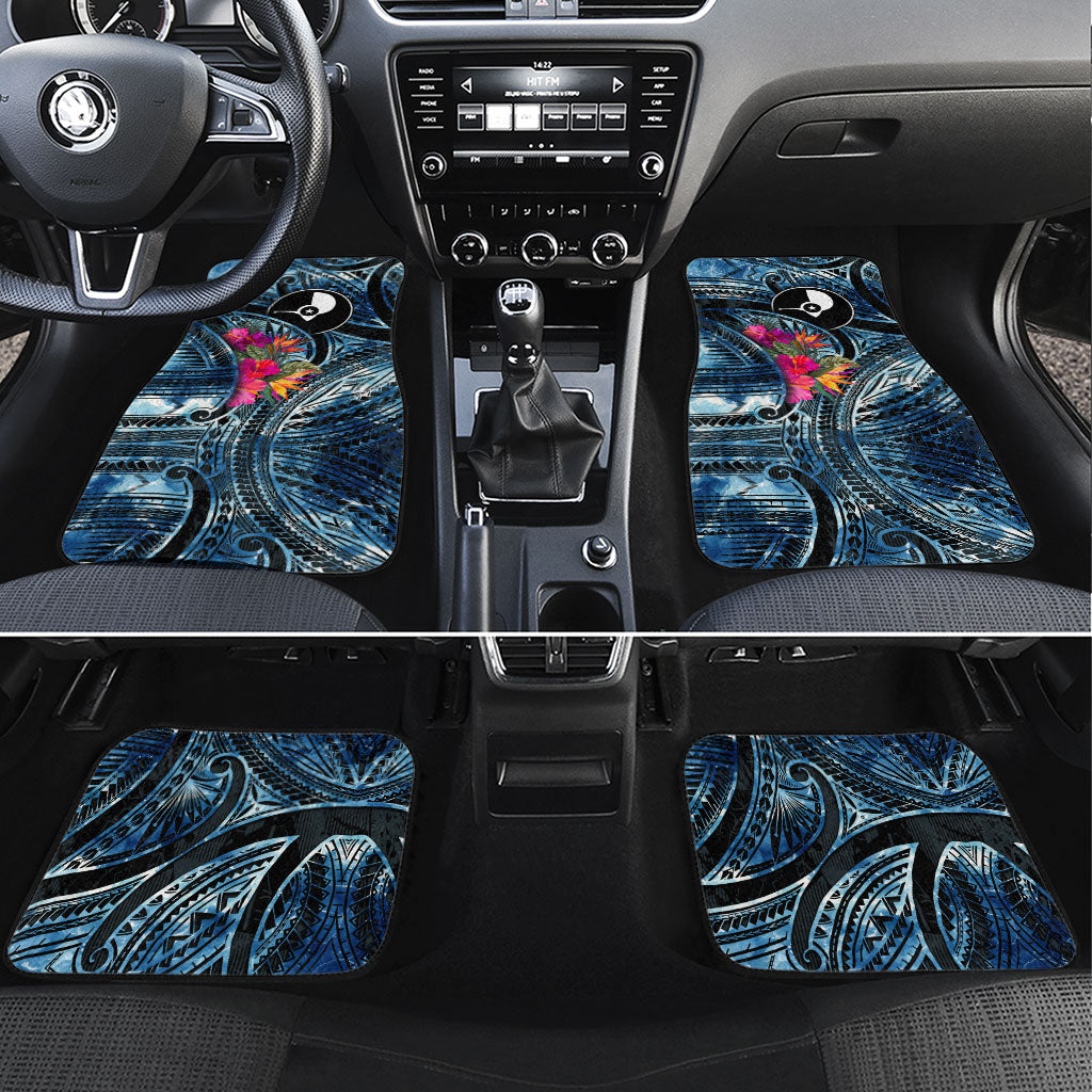 Yap Day Island Floral Tribal Heritage Car Mats Micronesian Hibiscus Pattern Polynesian Tattoo Blue Art TS04 Set 4pcs Black Blue - Polynesian Pride