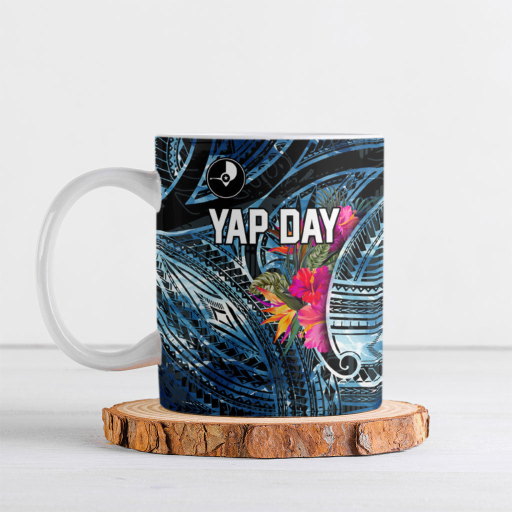 Yap Day Island Floral Tribal Heritage Ceramic Mug Micronesian Hibiscus Pattern Polynesian Tattoo Blue Art TS04 Black Blue - Polynesian Pride