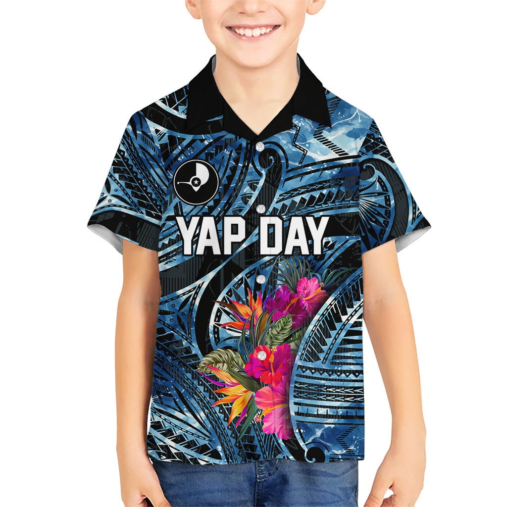 Yap Day Island Floral Tribal Heritage Kid Hawaiian Shirt Micronesian Hibiscus Pattern Polynesian Tattoo Blue Art TS04 Kid Black Blue - Polynesian Pride