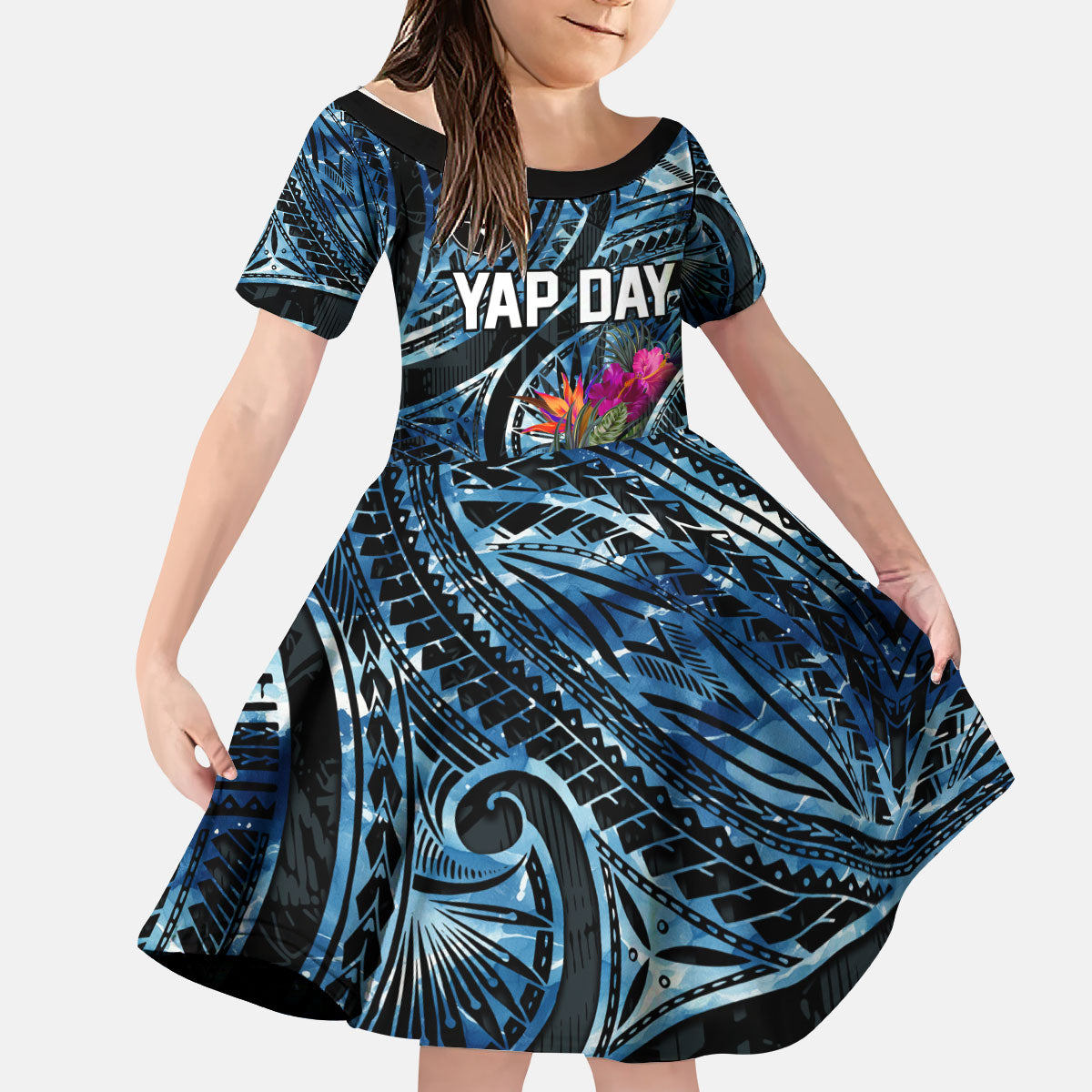 Yap Day Island Floral Tribal Heritage Kid Short Sleeve Dress Micronesian Hibiscus Pattern Polynesian Tattoo Blue Art TS04 KID Black Blue - Polynesian Pride