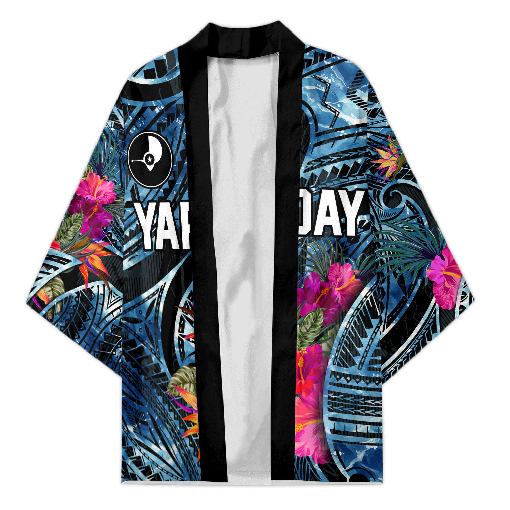 Yap Day Island Floral Tribal Heritage Kimono Micronesian Hibiscus Pattern Polynesian Tattoo Blue Art TS04 Unisex Black Blue - Polynesian Pride