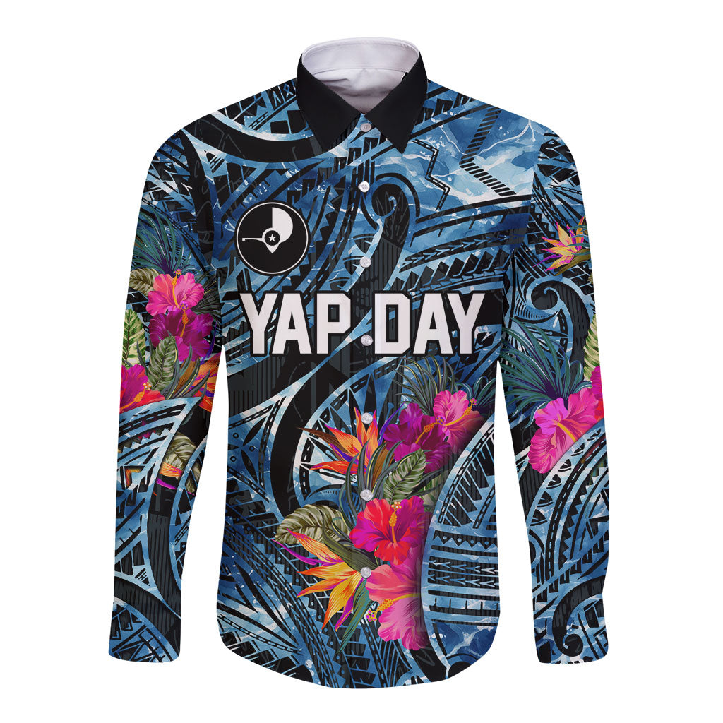 Yap Day Island Floral Tribal Heritage Long Sleeve Button Shirt Micronesian Hibiscus Pattern Polynesian Tattoo Blue Art TS04 Unisex Black Blue - Polynesian Pride