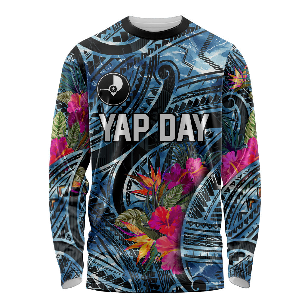 Yap Day Island Floral Tribal Heritage Long Sleeve Shirt Micronesian Hibiscus Pattern Polynesian Tattoo Blue Art TS04 Unisex Black Blue - Polynesian Pride