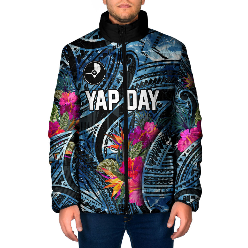 Yap Day Island Floral Tribal Heritage Padded Jacket Micronesian Hibiscus Pattern Polynesian Tattoo Blue Art TS04 Men Black Blue - Polynesian Pride
