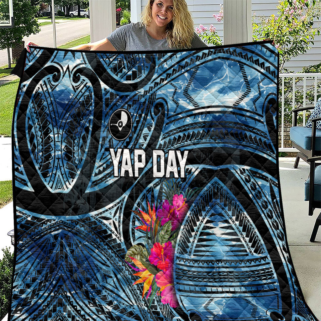 Yap Day Island Floral Tribal Heritage Quilt Micronesian Hibiscus Pattern Polynesian Tattoo Blue Art TS04 Black Blue - Polynesian Pride