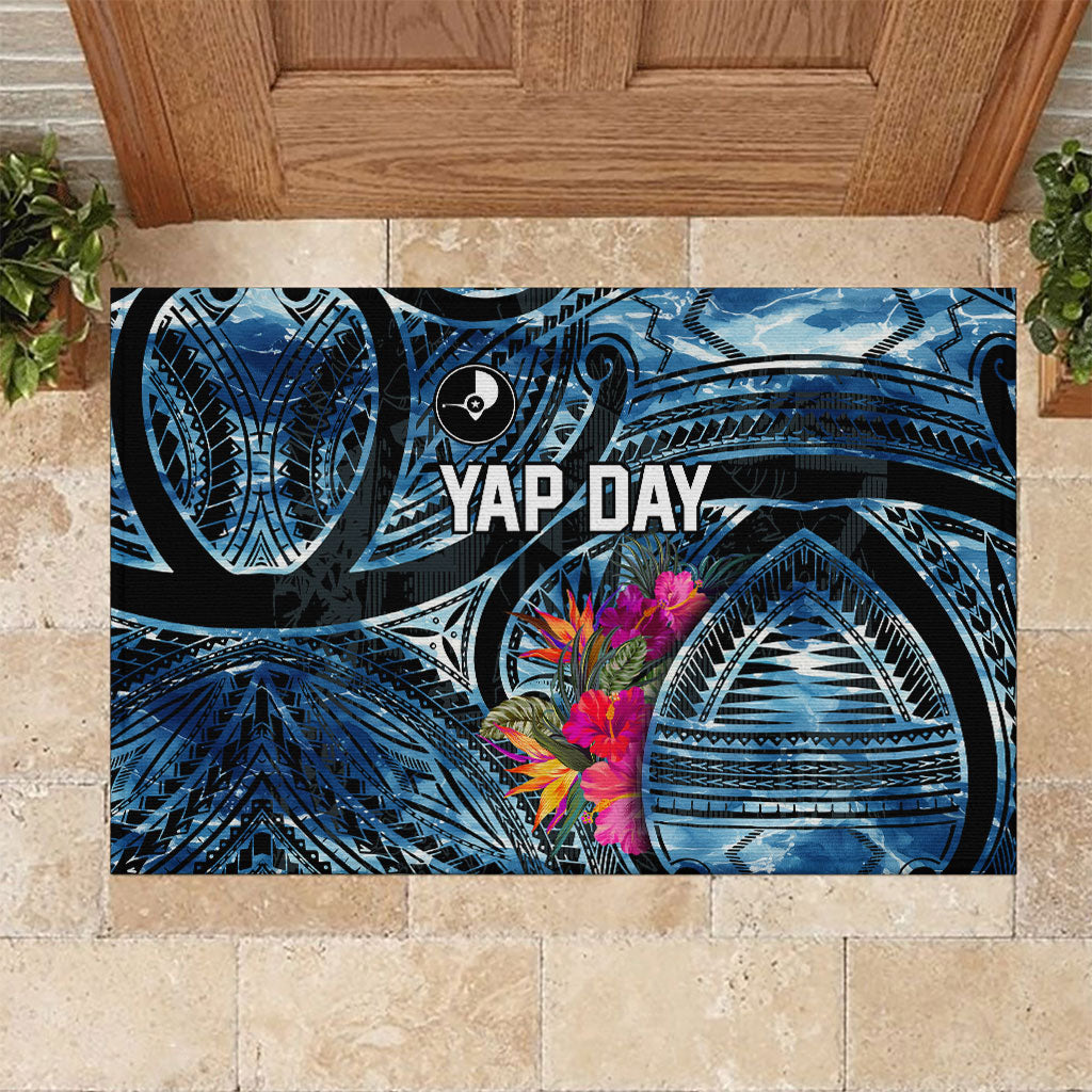 Yap Day Island Floral Tribal Heritage Rubber Doormat Micronesian Hibiscus Pattern Polynesian Tattoo Blue Art TS04 Black Blue - Polynesian Pride