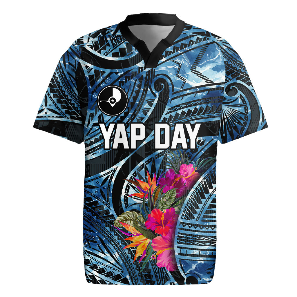Yap Day Island Floral Tribal Heritage Rugby Jersey Micronesian Hibiscus Pattern Polynesian Tattoo Blue Art TS04 Black Blue - Polynesian Pride