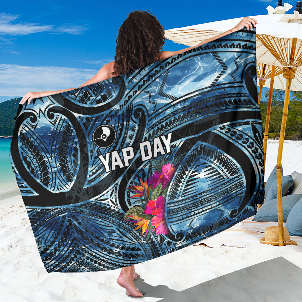 Yap Day Island Floral Tribal Heritage Sarong Micronesian Hibiscus Pattern Polynesian Tattoo Blue Art TS04 One Size 44 x 66 inches Black Blue - Polynesian Pride