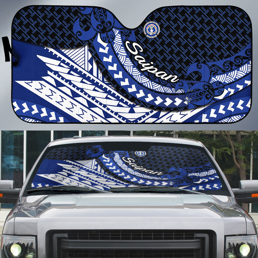 Northern Mariana Islands Saipan Auto Sun Shade Polynesian Tribal Pattern - Commonwealth Seal Art TS04 Blue White - Polynesian Pride