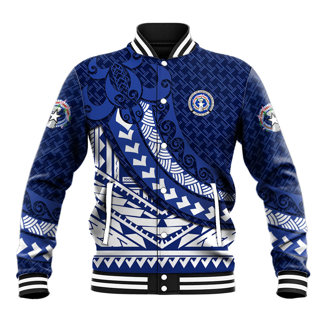 Northern Mariana Islands Saipan Baseball Jacket Polynesian Tribal Pattern - Commonwealth Seal Art TS04 Unisex Blue White - Polynesian Pride