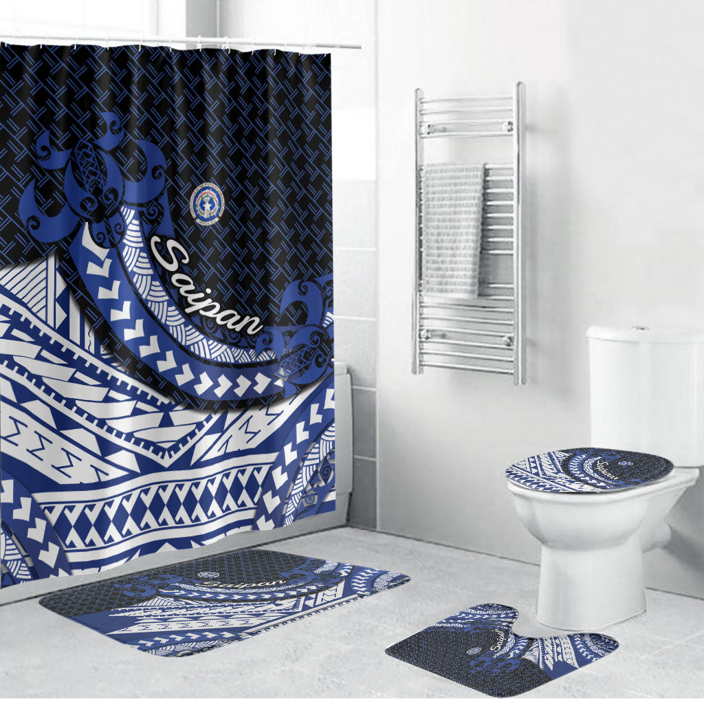 Northern Mariana Islands Saipan Bathroom Set Polynesian Tribal Pattern - Commonwealth Seal Art TS04 Bathroom Set (4 pcs) Blue White - Polynesian Pride