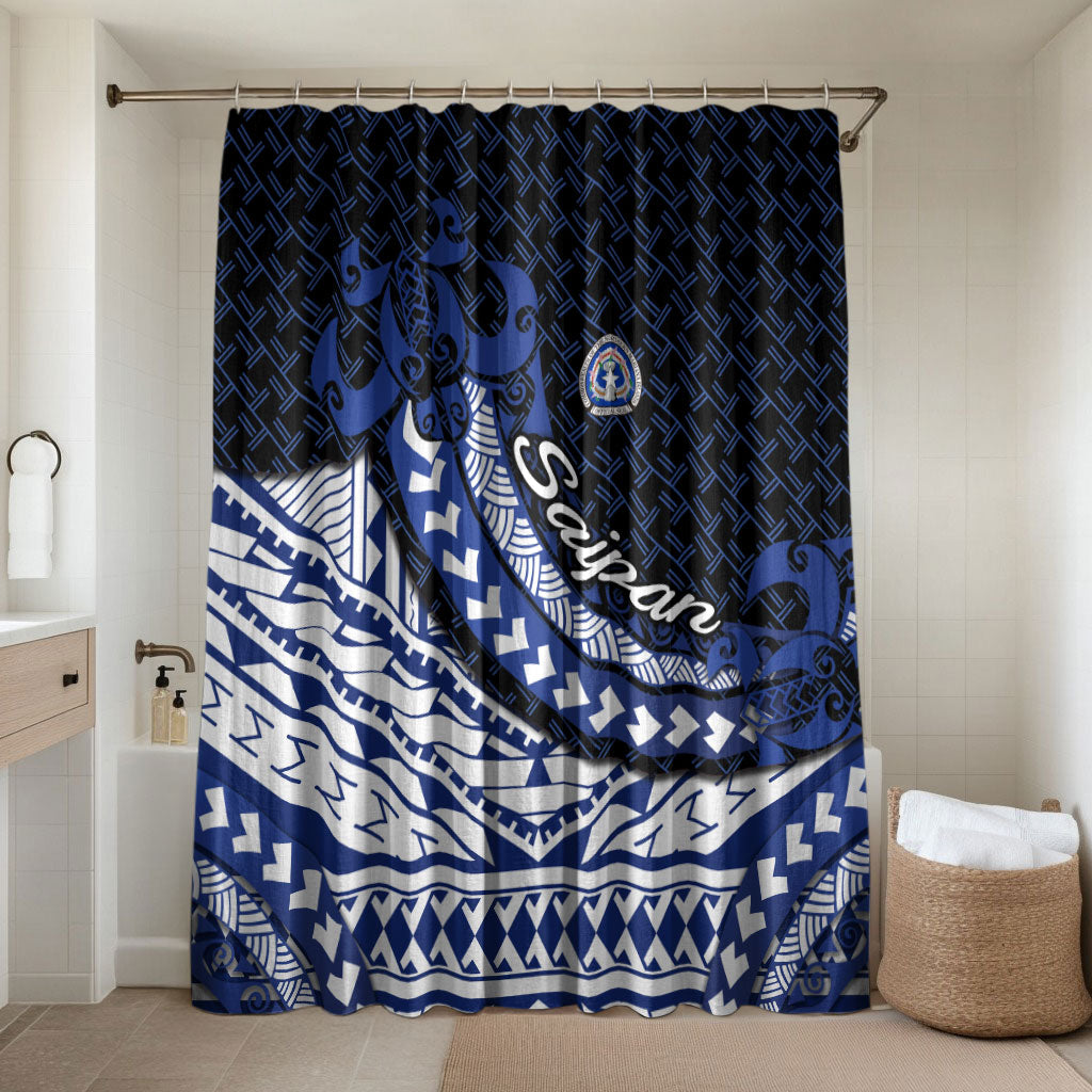 Northern Mariana Islands Saipan Bathroom Set Polynesian Tribal Pattern - Commonwealth Seal Art TS04 Shower Curtain Only Blue White - Polynesian Pride
