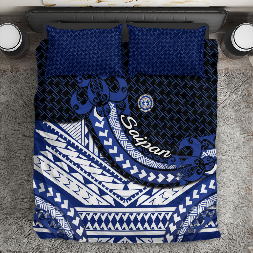 Northern Mariana Islands Saipan Bedding Set Polynesian Tribal Pattern - Commonwealth Seal Art TS04 Blue White - Polynesian Pride