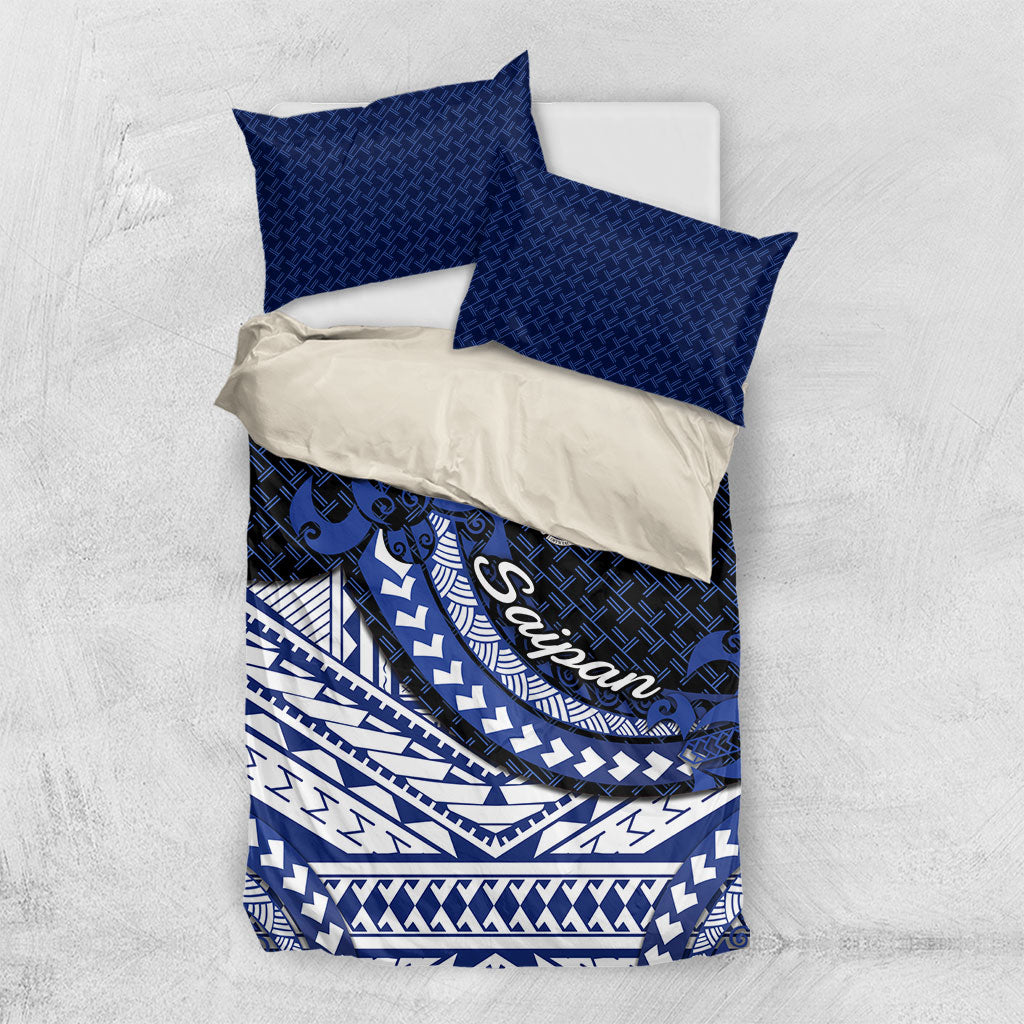 Northern Mariana Islands Saipan Bedding Set Polynesian Tribal Pattern - Commonwealth Seal Art TS04 US Twin 172cm x 218cm Blue White - Polynesian Pride