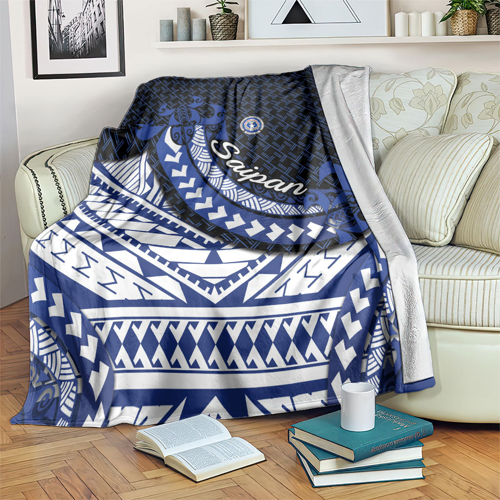 Northern Mariana Islands Saipan Blanket Polynesian Tribal Pattern - Commonwealth Seal Art TS04 Blue White - Polynesian Pride