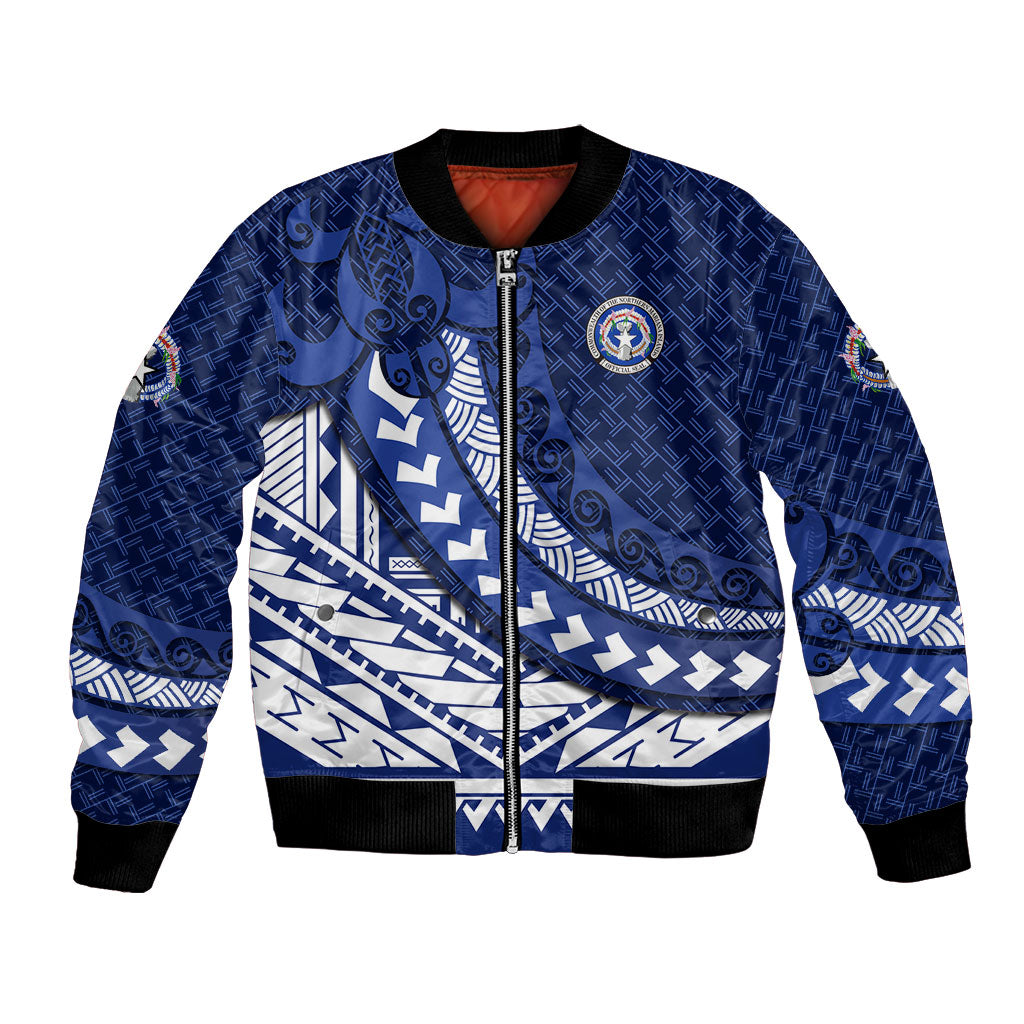 Northern Mariana Islands Saipan Bomber Jacket Polynesian Tribal Pattern - Commonwealth Seal Art TS04 Unisex Blue White - Polynesian Pride
