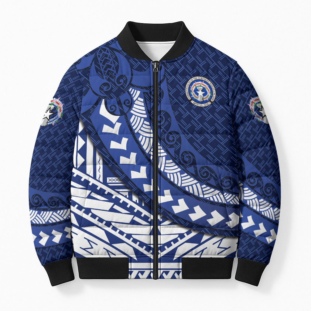 Northern Mariana Islands Saipan Bomber Puffer Jacket Polynesian Tribal Pattern - Commonwealth Seal Art TS04 Unisex Blue White - Polynesian Pride
