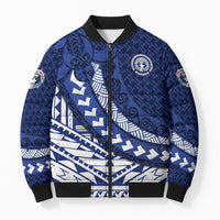 Northern Mariana Islands Saipan Bomber Puffer Jacket Polynesian Tribal Pattern - Commonwealth Seal Art TS04 Unisex Blue White - Polynesian Pride