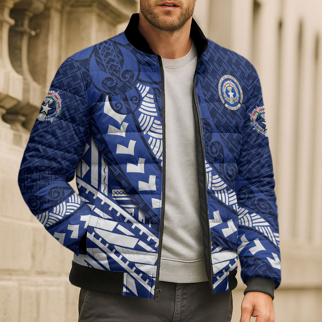 Northern Mariana Islands Saipan Bomber Puffer Jacket Polynesian Tribal Pattern - Commonwealth Seal Art TS04 - Polynesian Pride