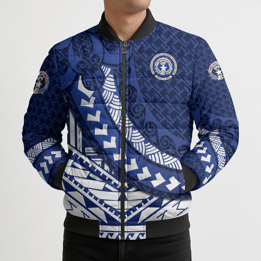 Northern Mariana Islands Saipan Bomber Puffer Jacket Polynesian Tribal Pattern - Commonwealth Seal Art TS04 - Polynesian Pride