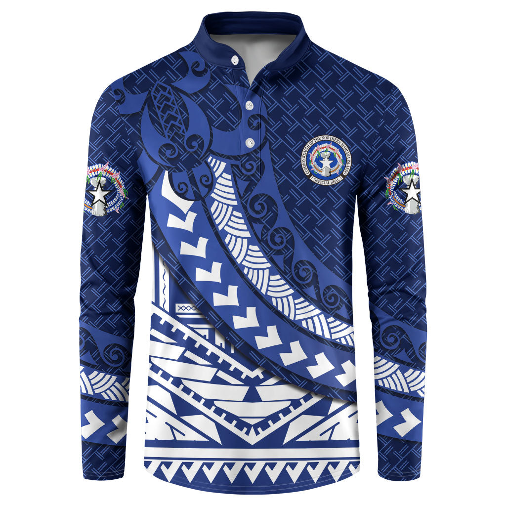Northern Mariana Islands Saipan Button Sweatshirt Polynesian Tribal Pattern - Commonwealth Seal Art TS04 Blue White - Polynesian Pride