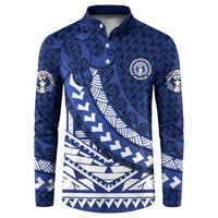 Northern Mariana Islands Saipan Button Sweatshirt Polynesian Tribal Pattern - Commonwealth Seal Art TS04 Blue White - Polynesian Pride