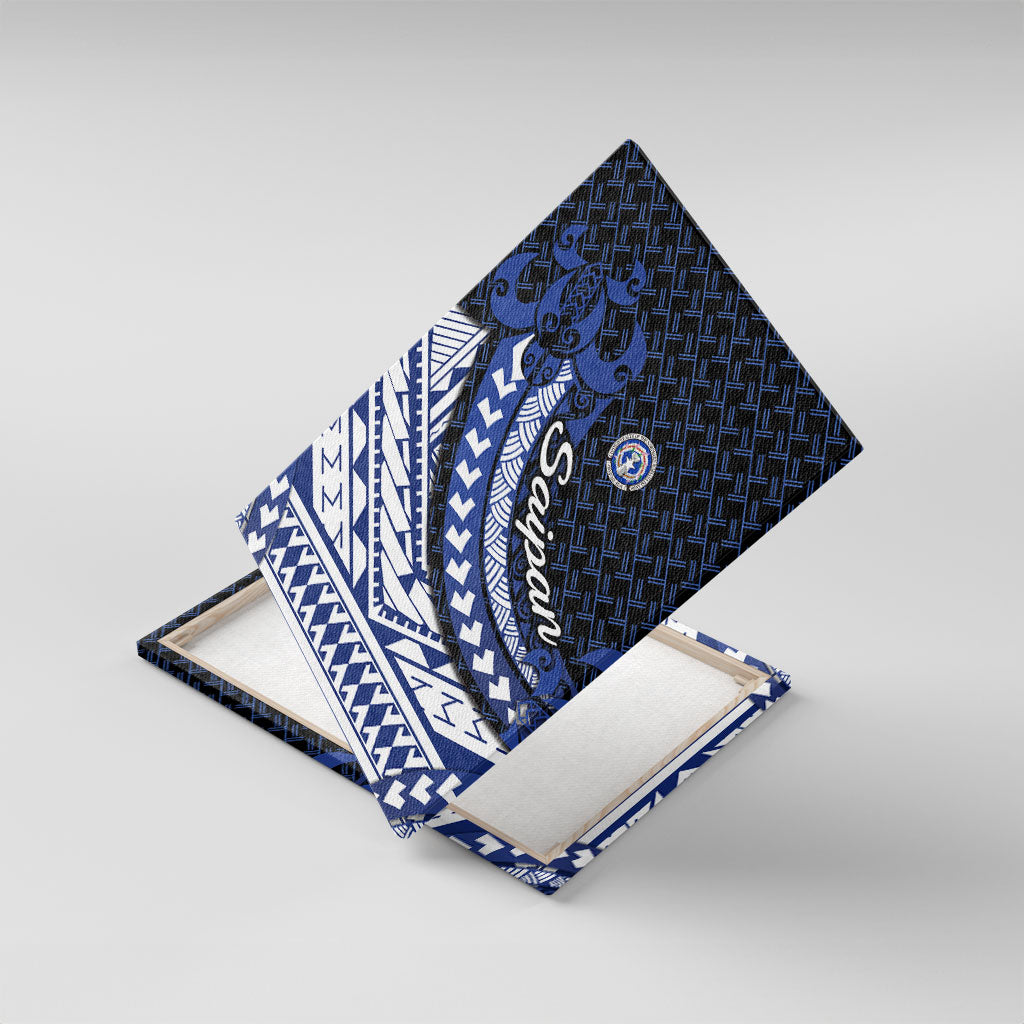 Northern Mariana Islands Saipan Canvas Wall Art Polynesian Tribal Pattern - Commonwealth Seal Art TS04 With Frame Blue White - Polynesian Pride