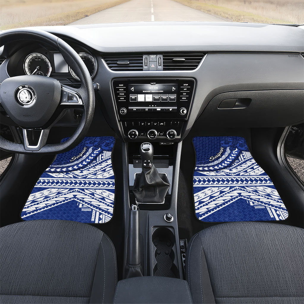 Northern Mariana Islands Saipan Car Mats Polynesian Tribal Pattern - Commonwealth Seal Art TS04 Set 2pcs - Front Blue White - Polynesian Pride