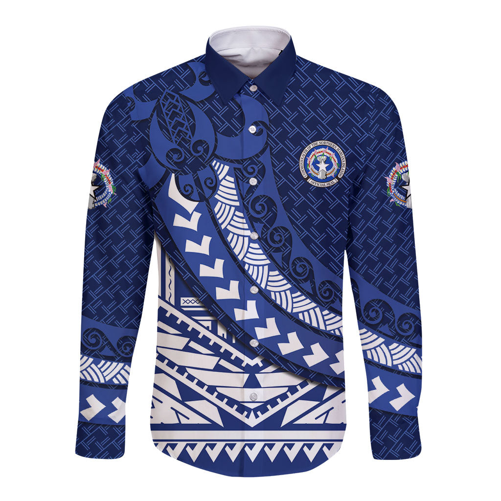 Northern Mariana Islands Saipan Long Sleeve Button Shirt Polynesian Tribal Pattern - Commonwealth Seal Art TS04 Unisex Blue White - Polynesian Pride