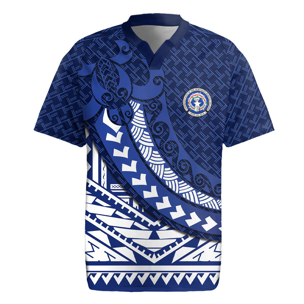 Northern Mariana Islands Saipan Rugby Jersey Polynesian Tribal Pattern - Commonwealth Seal Art TS04 Blue White - Polynesian Pride