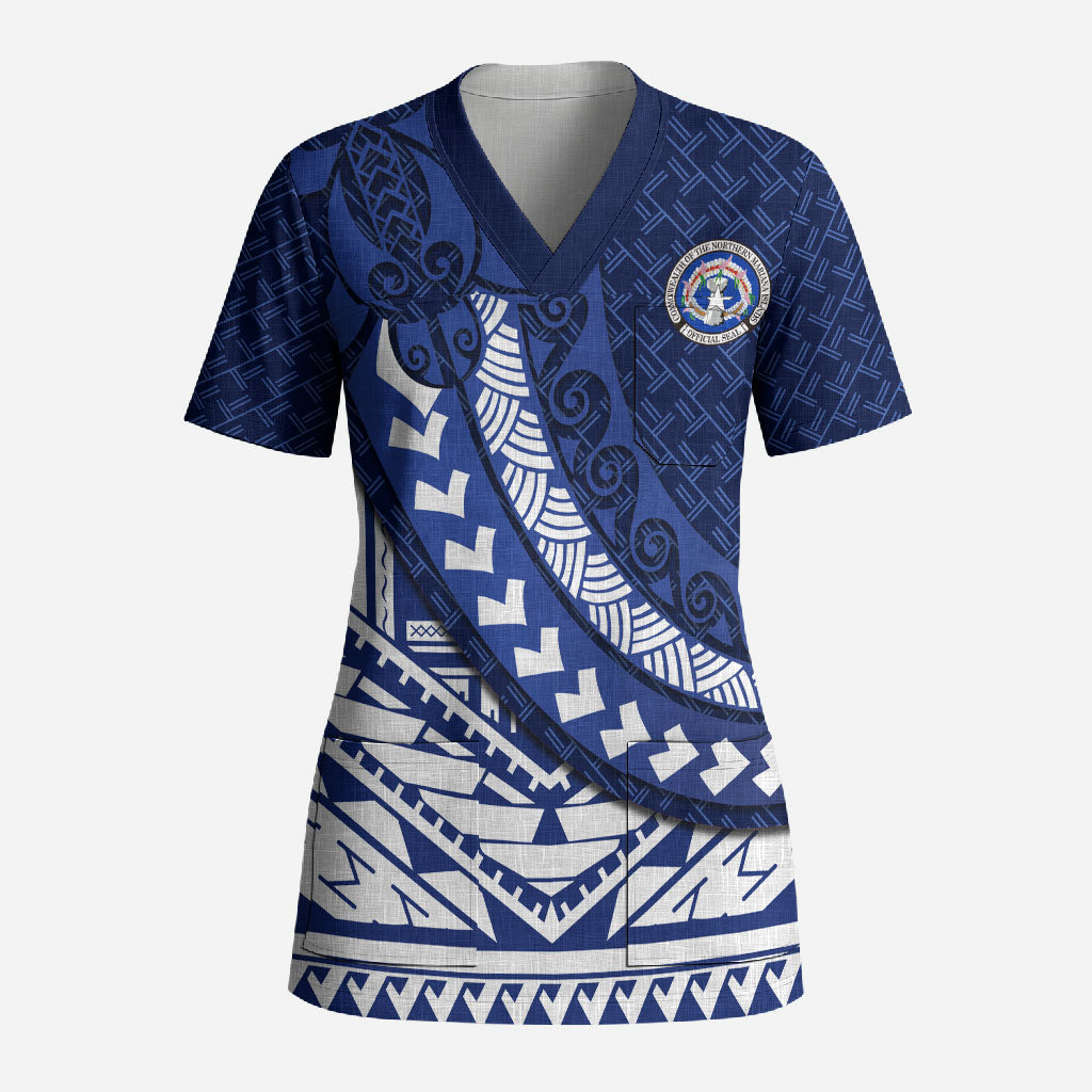 Northern Mariana Islands Saipan Scrub Top Polynesian Tribal Pattern - Commonwealth Seal Art TS04 Adult Blue White - Polynesian Pride