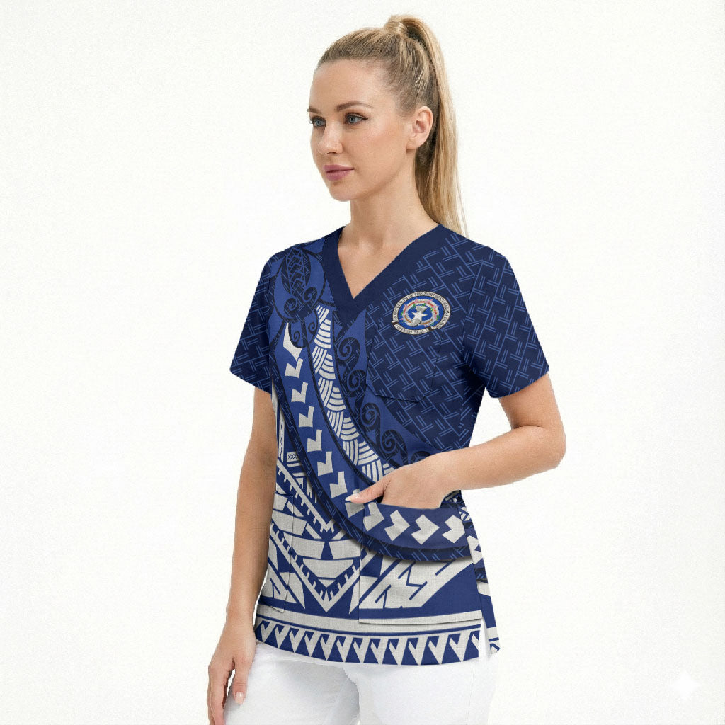 Northern Mariana Islands Saipan Scrub Top Polynesian Tribal Pattern - Commonwealth Seal Art TS04 - Polynesian Pride