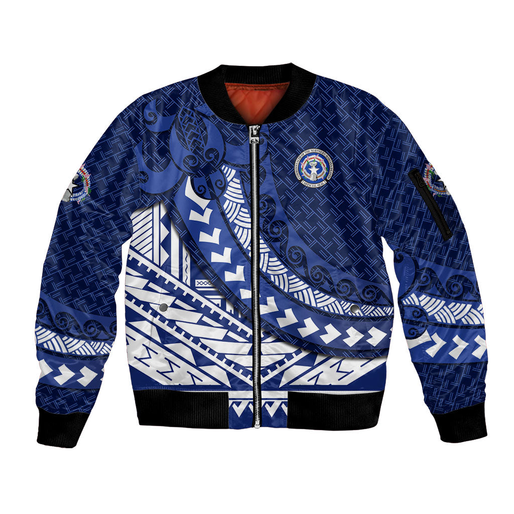 Northern Mariana Islands Saipan Sleeve Zip Bomber Jacket Polynesian Tribal Pattern - Commonwealth Seal Art TS04 Unisex Blue White - Polynesian Pride