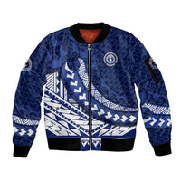Northern Mariana Islands Saipan Sleeve Zip Bomber Jacket Polynesian Tribal Pattern - Commonwealth Seal Art TS04 Unisex Blue White - Polynesian Pride